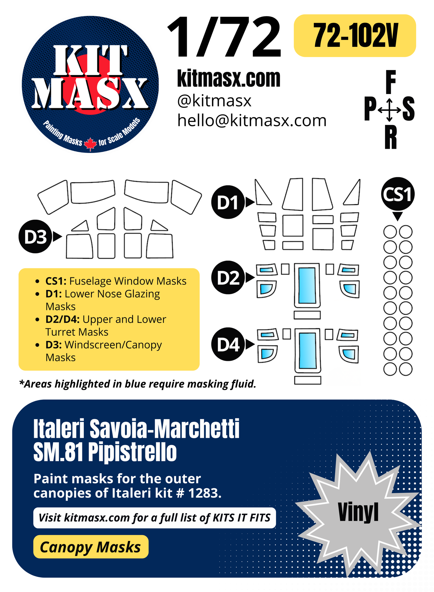 Italeri Savoia-Marchetti SM.81 Pipistrello 1/72 Canopy Paint Masks, Kit # 1283