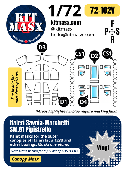 Italeri Savoia-Marchetti SM.81 Pipistrello 1/72 Canopy Paint Masks, Kit # 1283