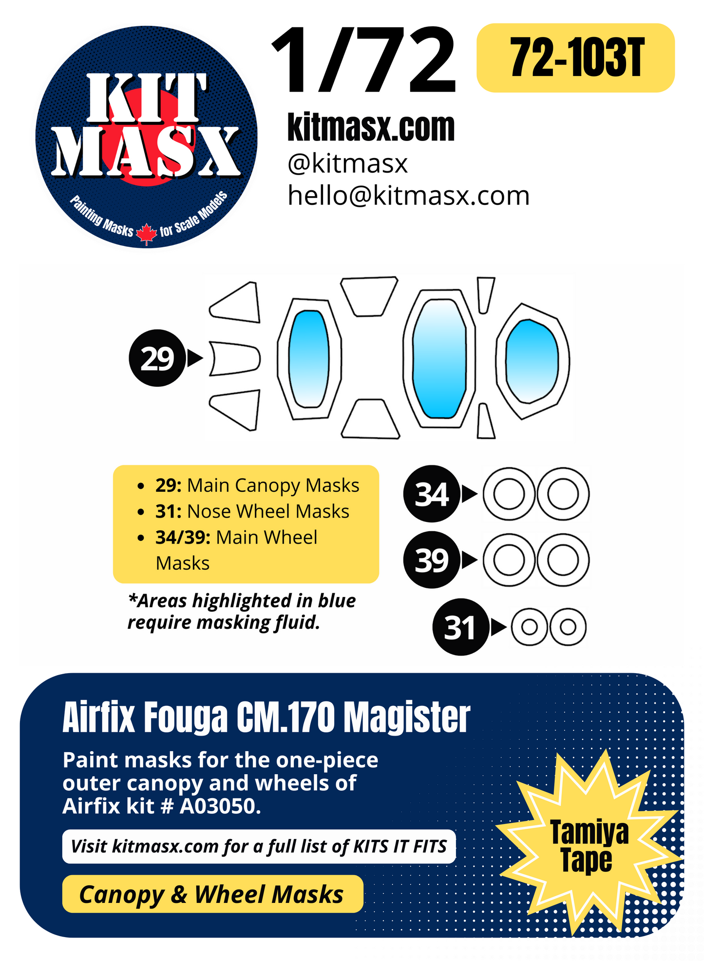 Airfix Fouga CM.170 Magister 1/72 Canopy & Wheel Paint Masks, Kit # A03050