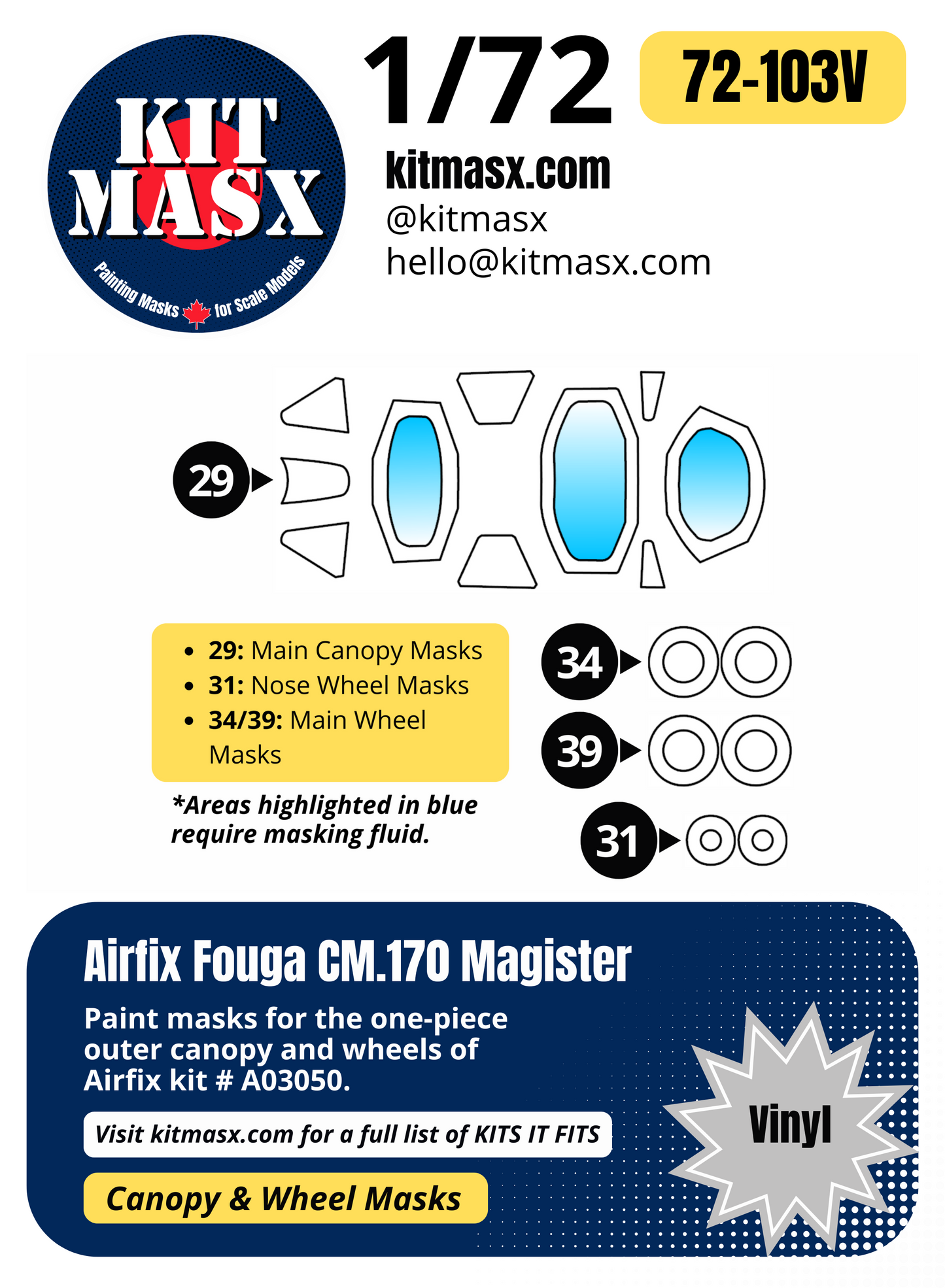 Airfix Fouga CM.170 Magister 1/72 Canopy & Wheel Paint Masks, Kit # A03050