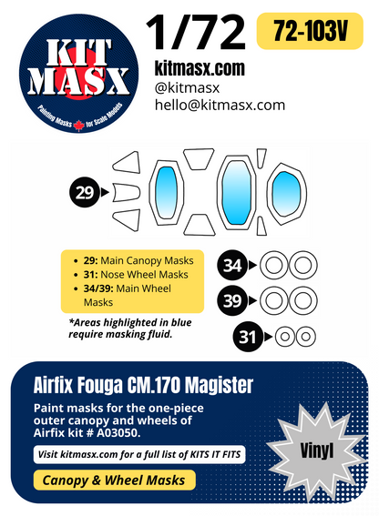 Airfix Fouga CM.170 Magister 1/72 Canopy & Wheel Paint Masks, Kit # A03050