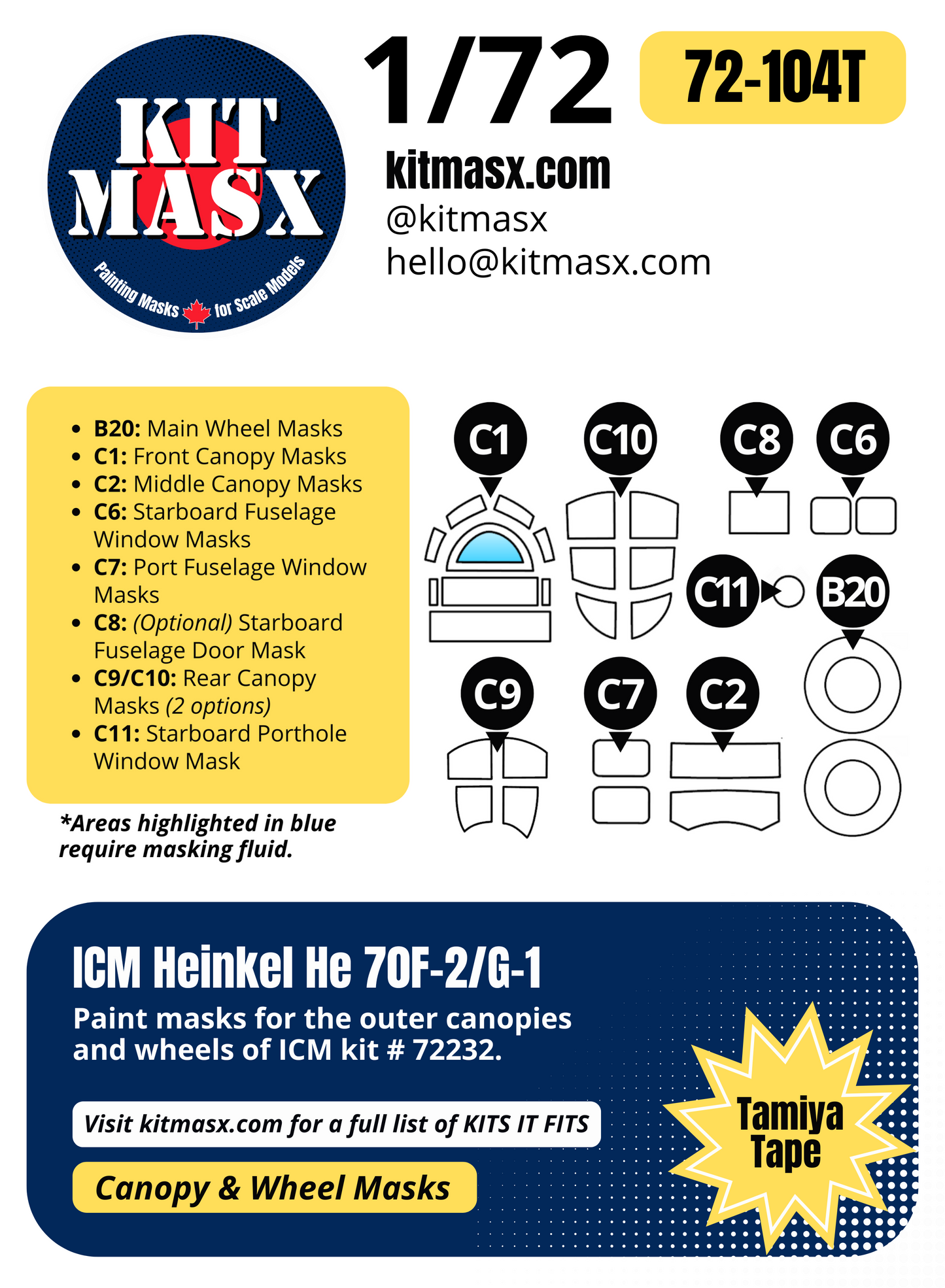 ICM Heinkel He 70F-2/G-1 1/72 Canopy & Wheel Paint Masks, Kit # 72232