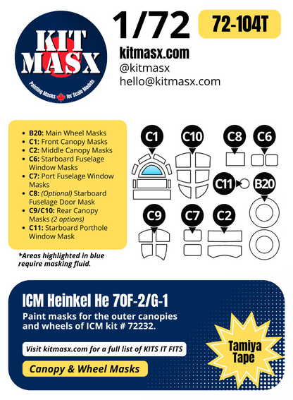 ICM Heinkel He 70F-2/G-1 1/72 Canopy & Wheel Paint Masks, Kit # 72232