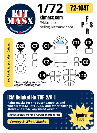 ICM Heinkel He 70F-2/G-1 1/72 Canopy & Wheel Paint Masks, Kit # 72232