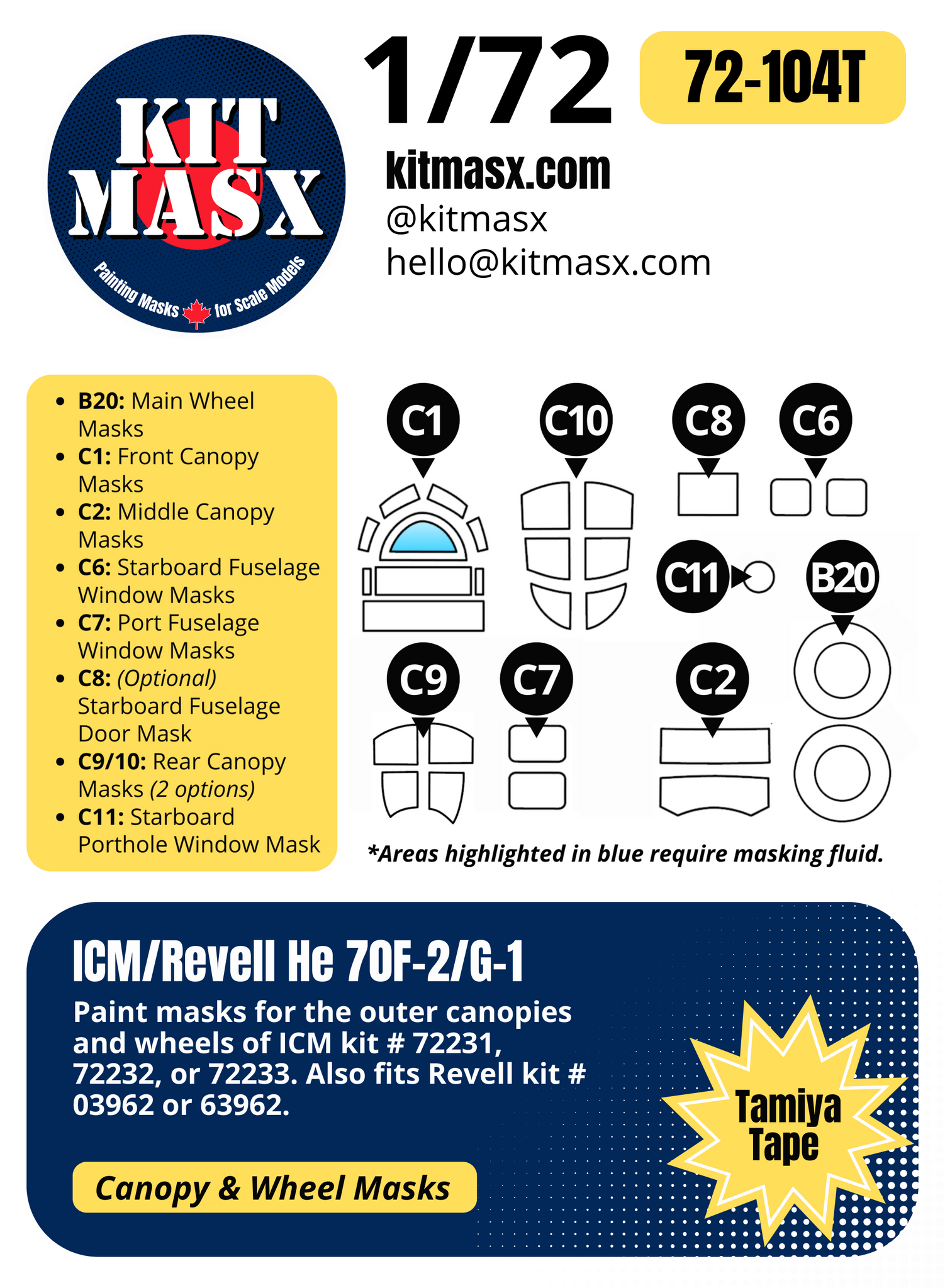 ICM He 70F-2/G-1 1/72 Canopy & Wheel Paint Masks, Kit # 72232