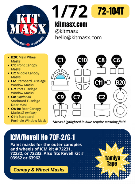 ICM He 70F-2/G-1 1/72 Canopy & Wheel Paint Masks, Kit # 72232