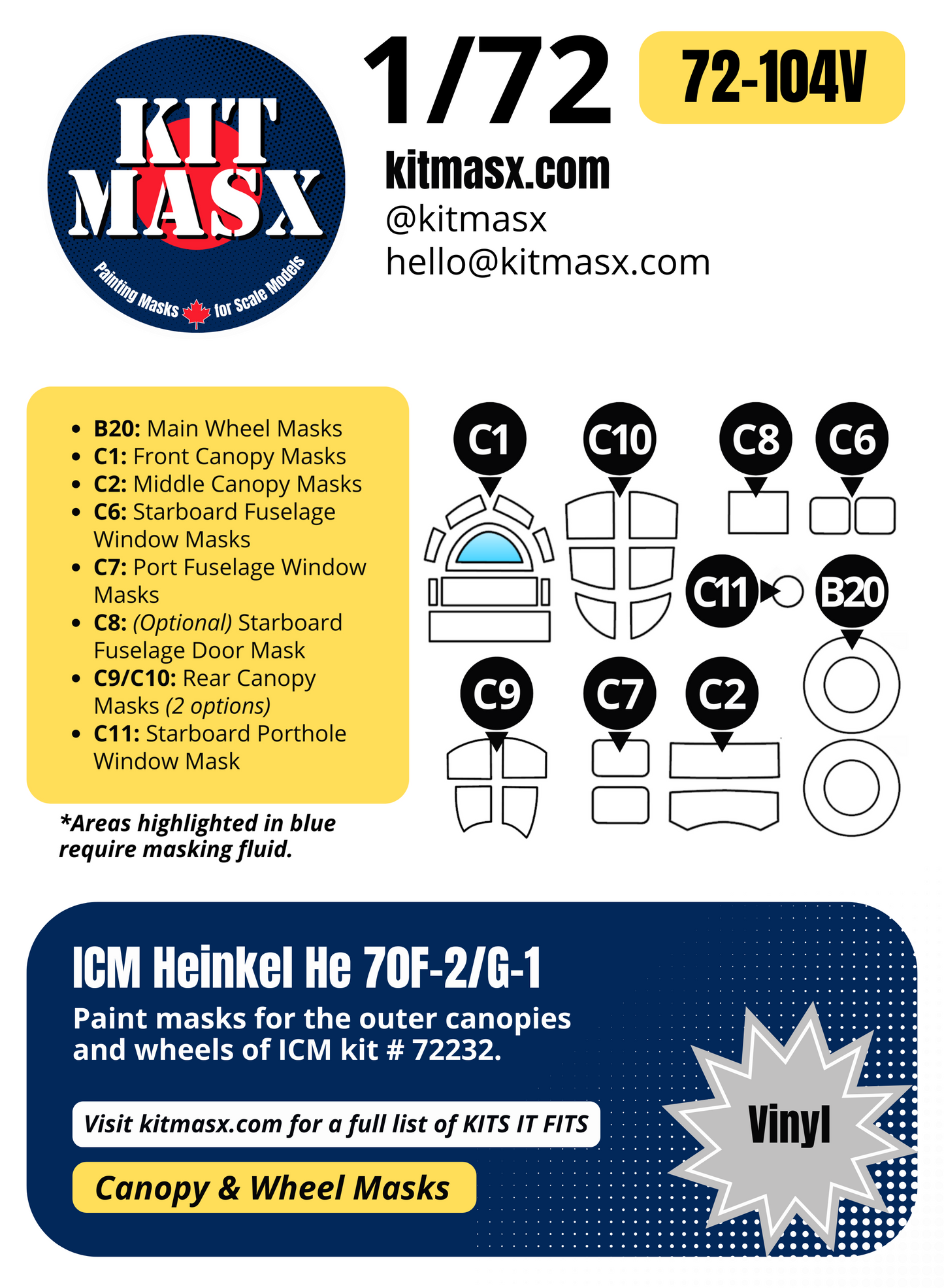 ICM Heinkel He 70F-2/G-1 1/72 Canopy & Wheel Paint Masks, Kit # 72232