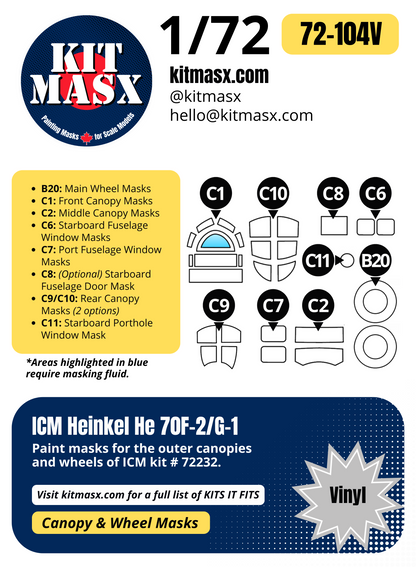 ICM Heinkel He 70F-2/G-1 1/72 Canopy & Wheel Paint Masks, Kit # 72232