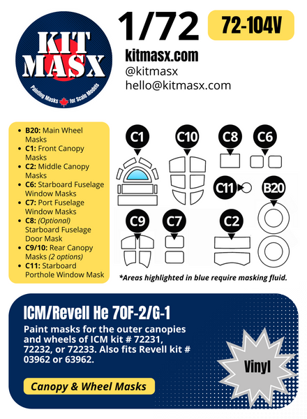 ICM He 70F-2/G-1 1/72 Canopy & Wheel Paint Masks, Kit # 72232