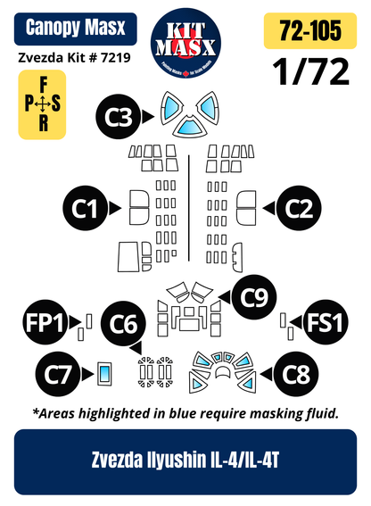 Zvezda Ilyushin IL-4/IL-4T 1/72 Canopy Paint Masks, Kit # 7219 (72105)
