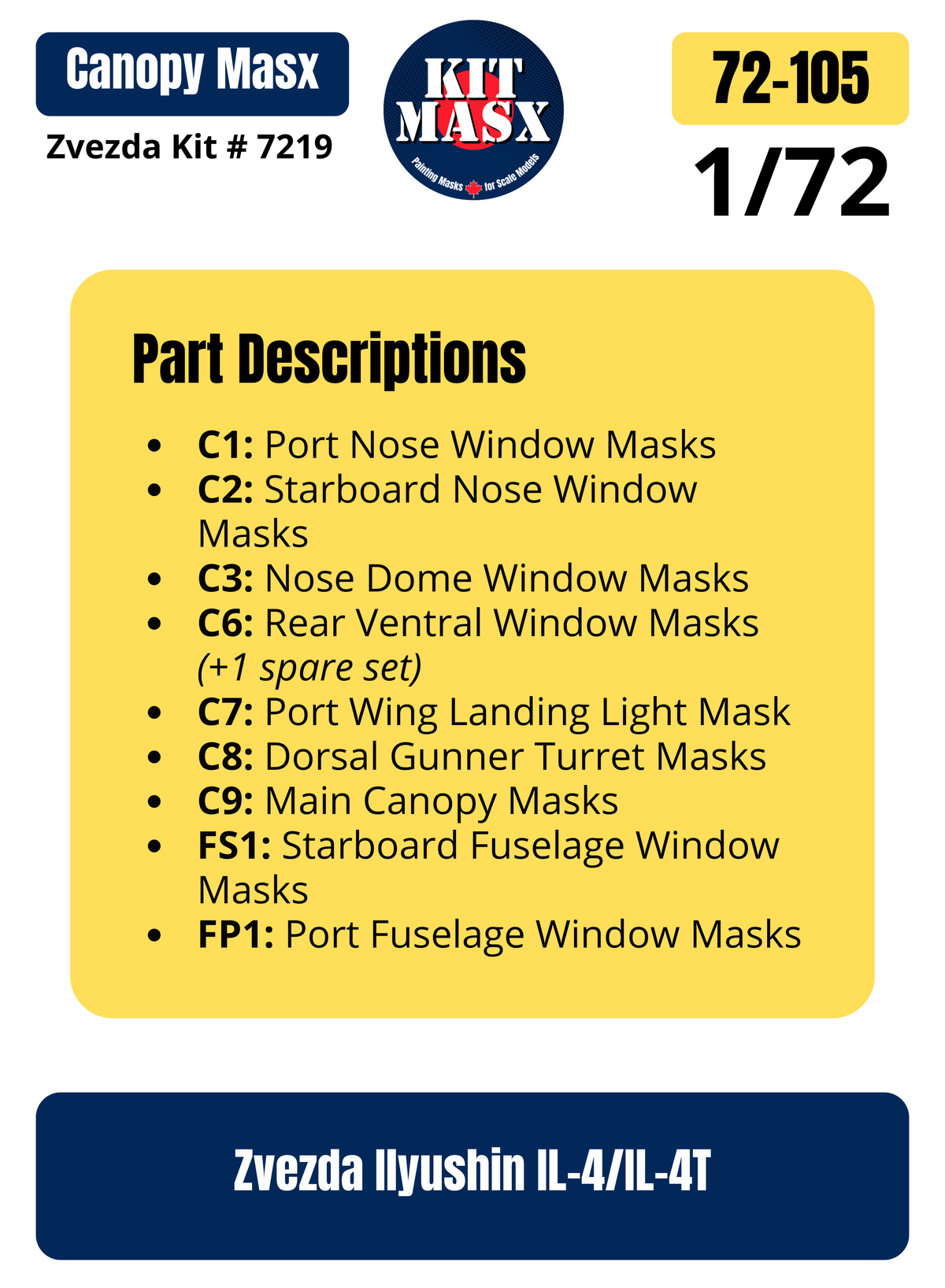 Zvezda Ilyushin IL-4/IL-4T 1/72 Canopy Paint Masks, Kit # 7219 (72105)