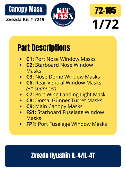 Zvezda Ilyushin IL-4/IL-4T 1/72 Canopy Paint Masks, Kit # 7219 (72105)