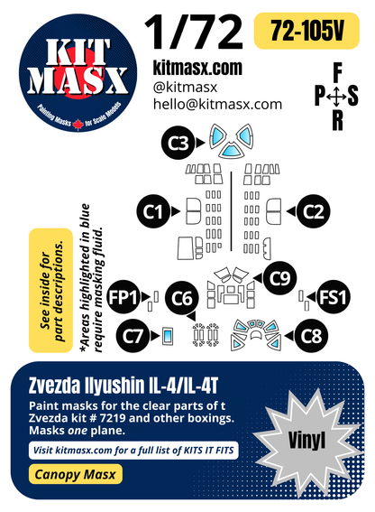 Zvezda Ilyushin IL-4/IL-4T 1/72 Canopy Paint Masks, Kit # 7219 (72105)