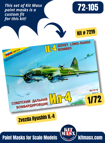 Zvezda Ilyushin IL-4/IL-4T 1/72 Canopy Paint Masks, Kit # 7219