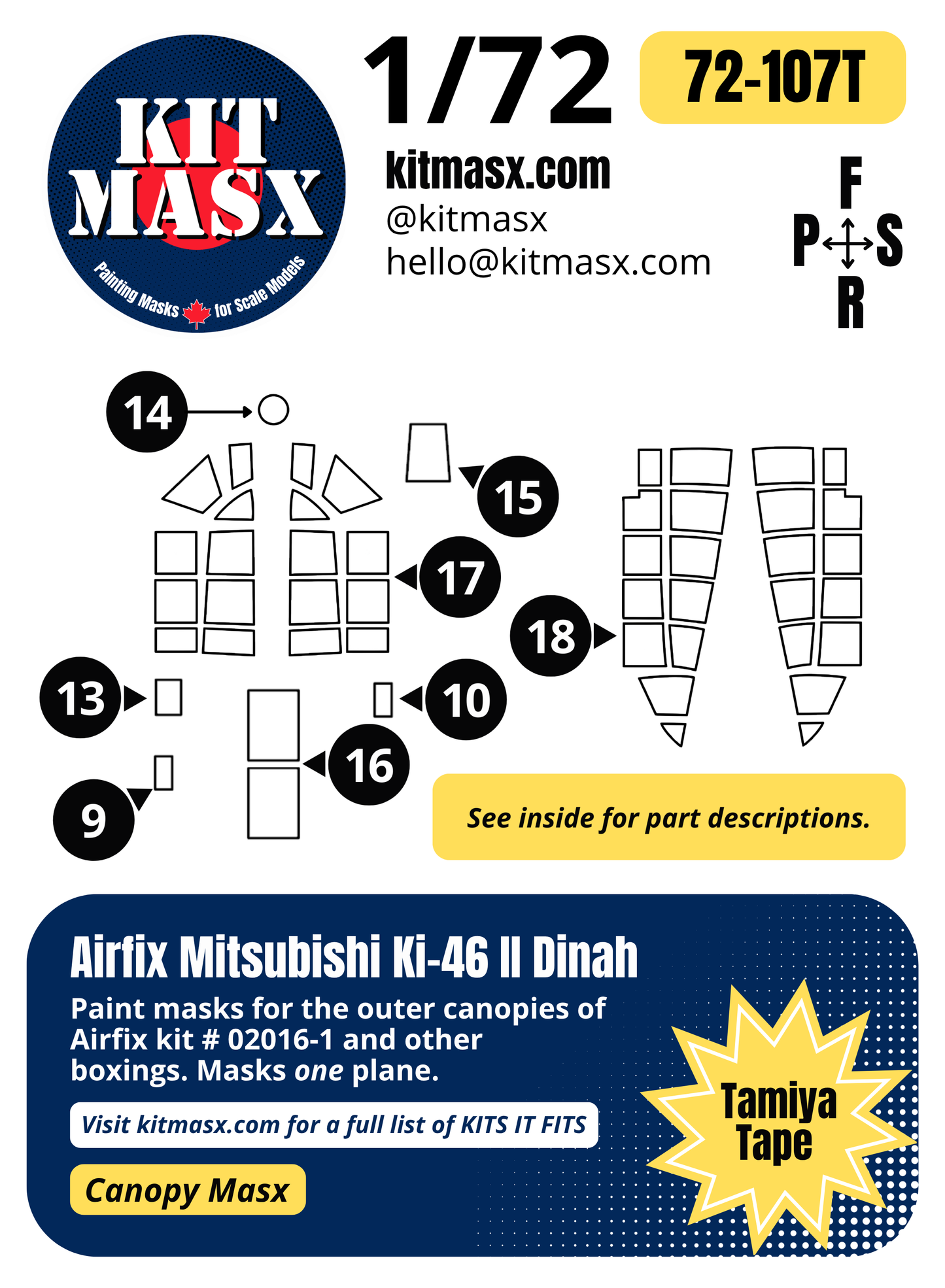 Airfix Mitsubishi Ki-46 II "Dinah" 1/72 Canopy Paint Masks, Kit # 02016-1