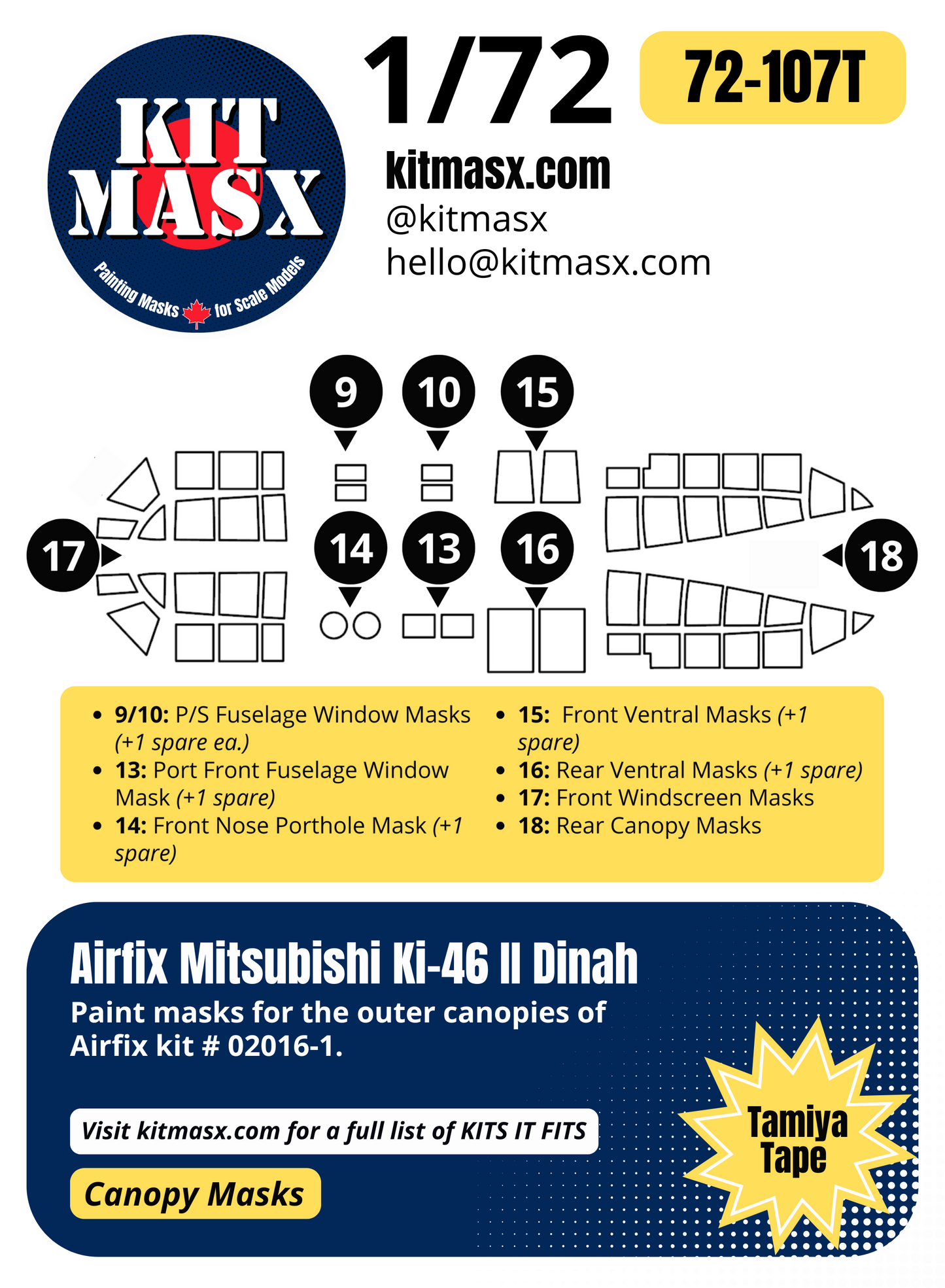 Airfix Mitsubishi Ki-46 II Dinah 1/72 Canopy Paint Masks, Kit # 02016-1