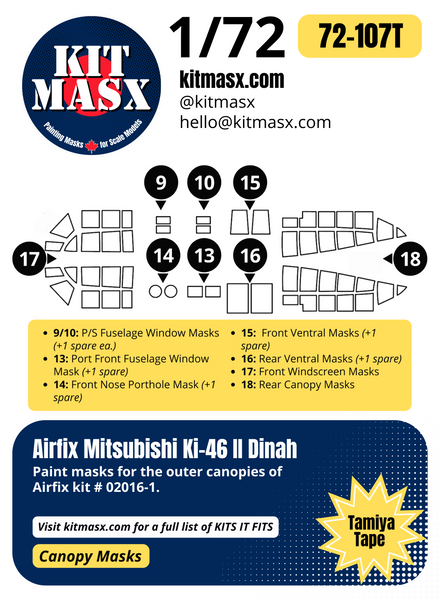 Airfix Mitsubishi Ki-46 II Dinah 1/72 Canopy Paint Masks