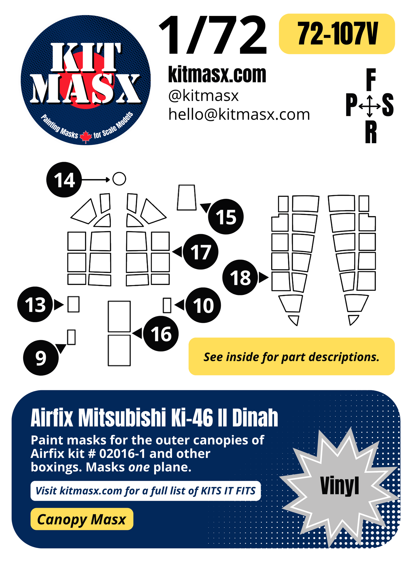 Airfix Mitsubishi Ki-46 II "Dinah" 1/72 Canopy Paint Masks, Kit # 02016-1
