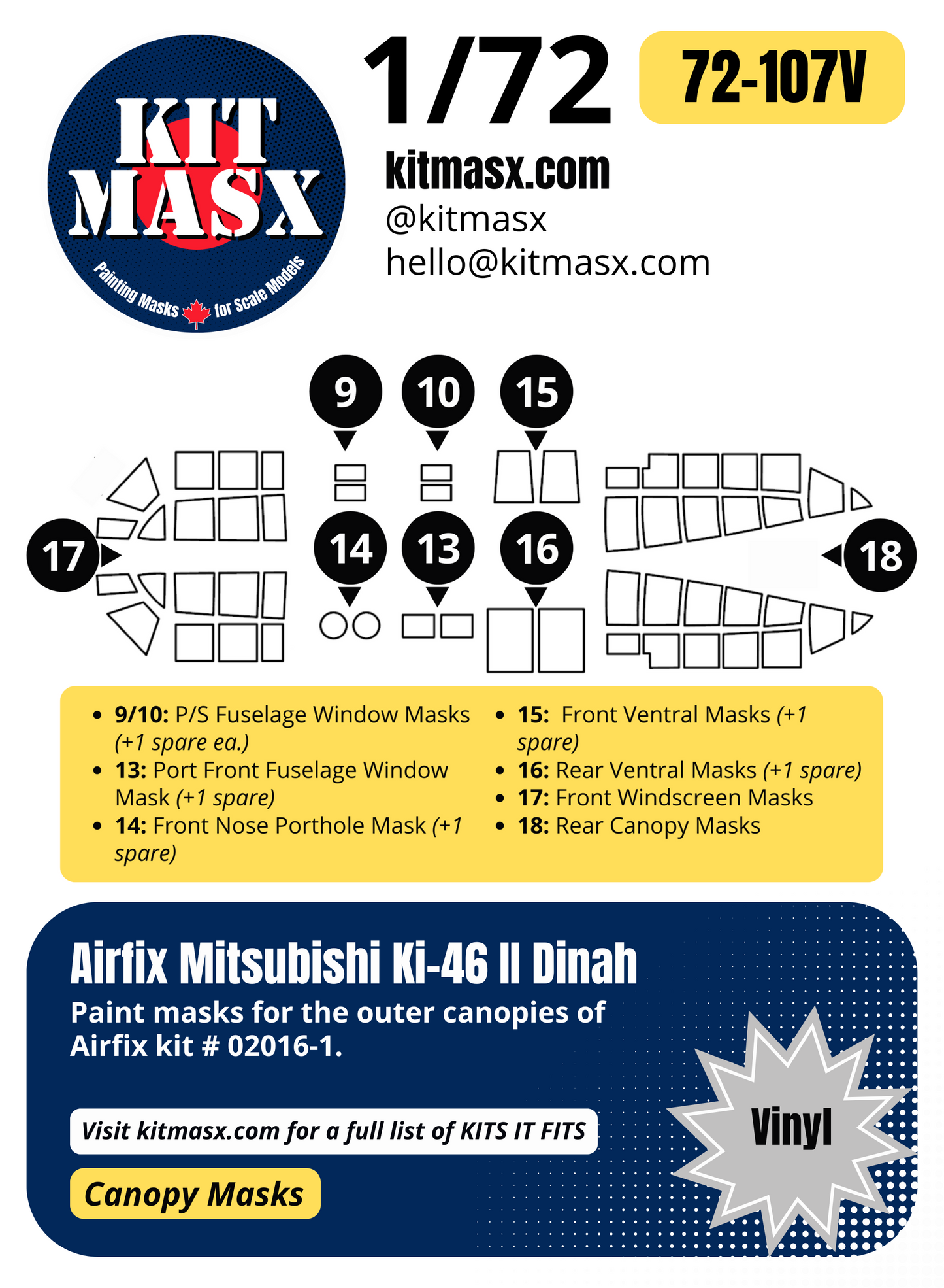 Airfix Mitsubishi Ki-46 II Dinah 1/72 Canopy Paint Masks, Kit # 02016-1
