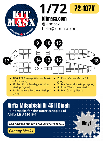 Airfix Mitsubishi Ki-46 II Dinah 1/72 Canopy Paint Masks, Kit # 02016-1