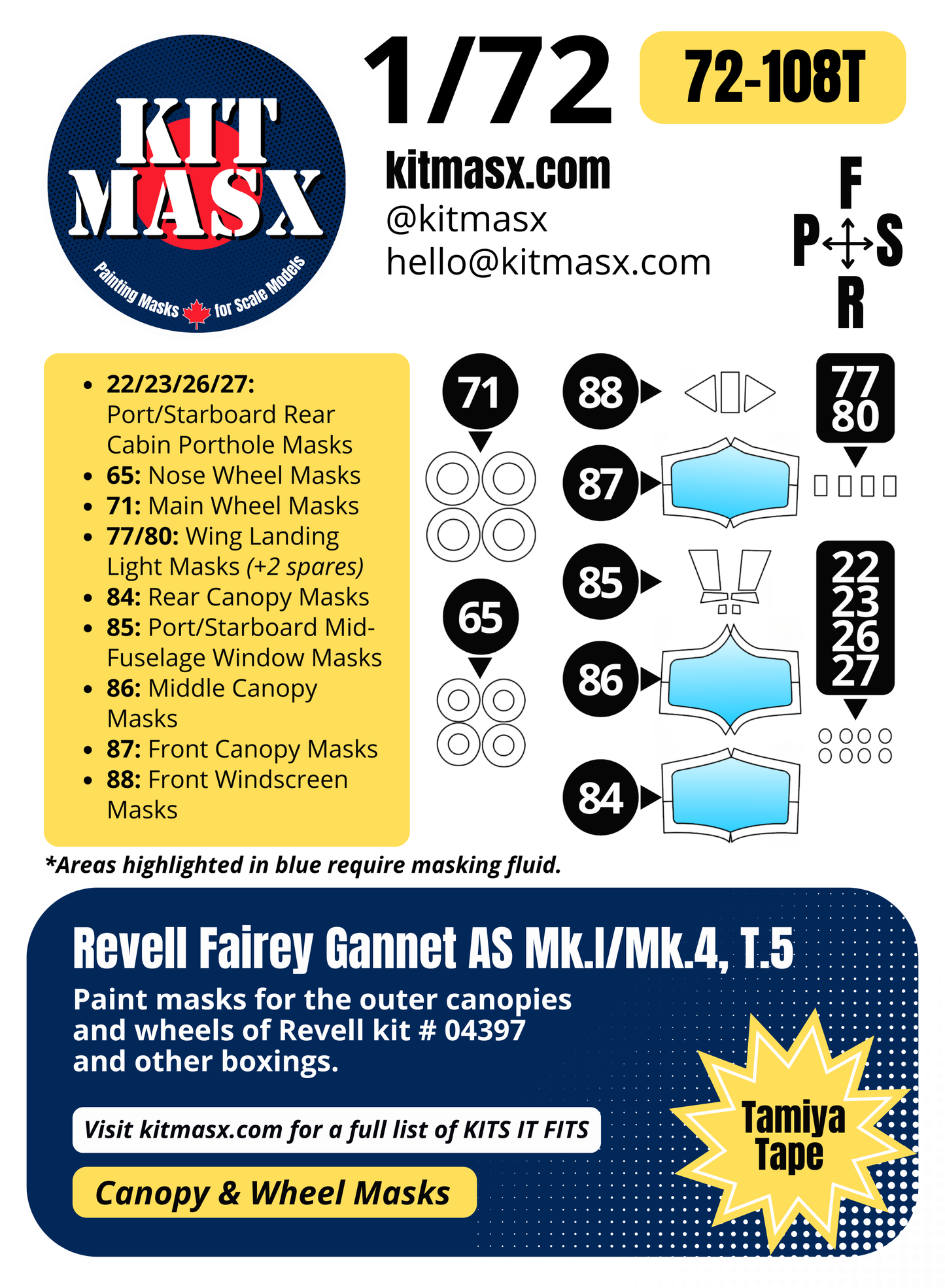 Revell Fairey Gannet AS Mk.1/Mk.4, T.5 1/72 Canopy & Wheel Paint Masks, Kit # 04397