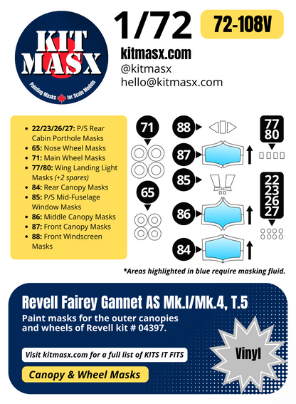 Revell Fairey Gannet AS Mk.1/Mk.4, T.5 1/72 Canopy & Wheel Paint Masks, Kit # 04397
