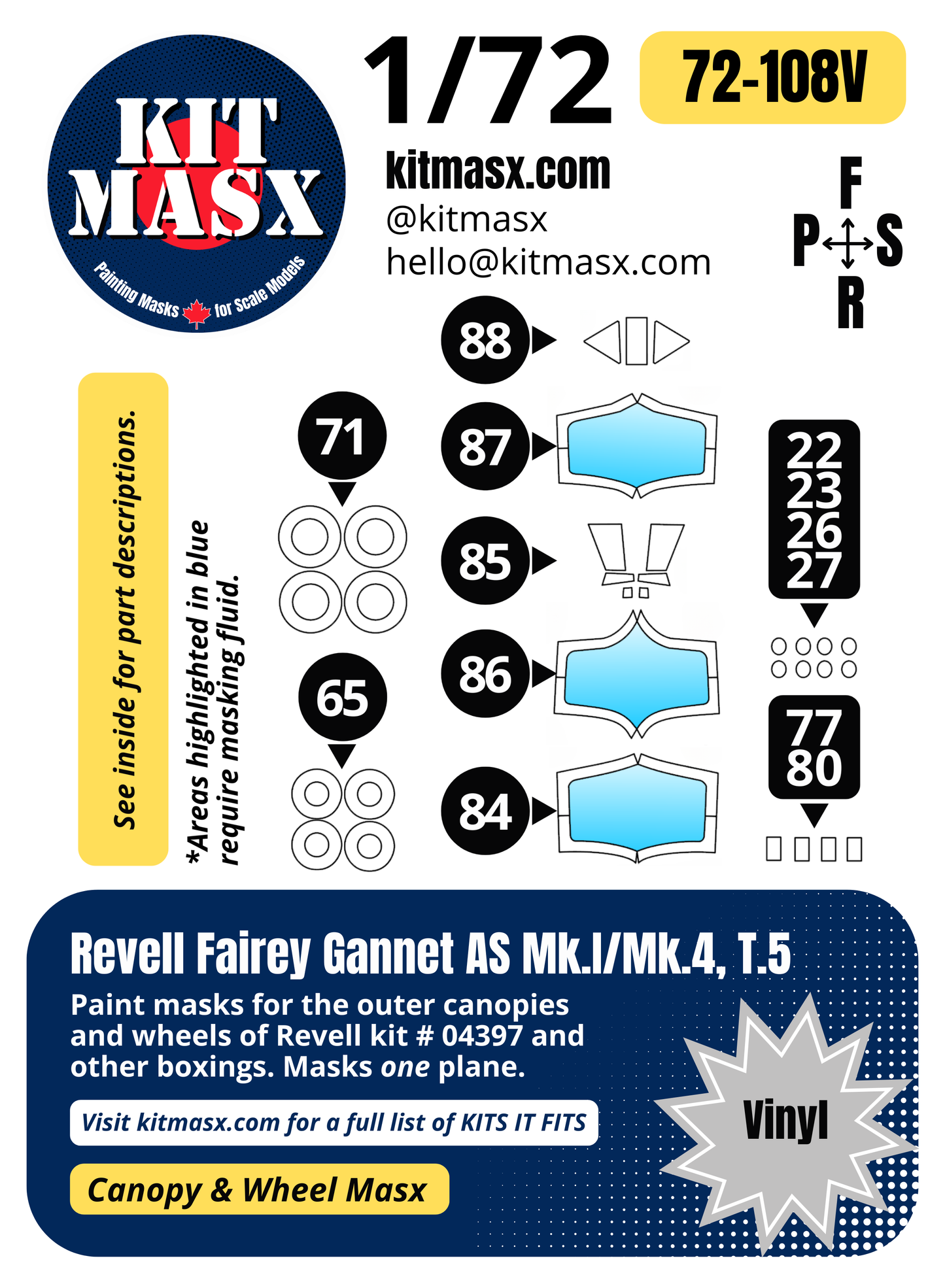 Revell Fairey Gannet AS Mk.1/Mk.4, T.5 1/72 Canopy & Wheel Paint Masks, Kit # 04397