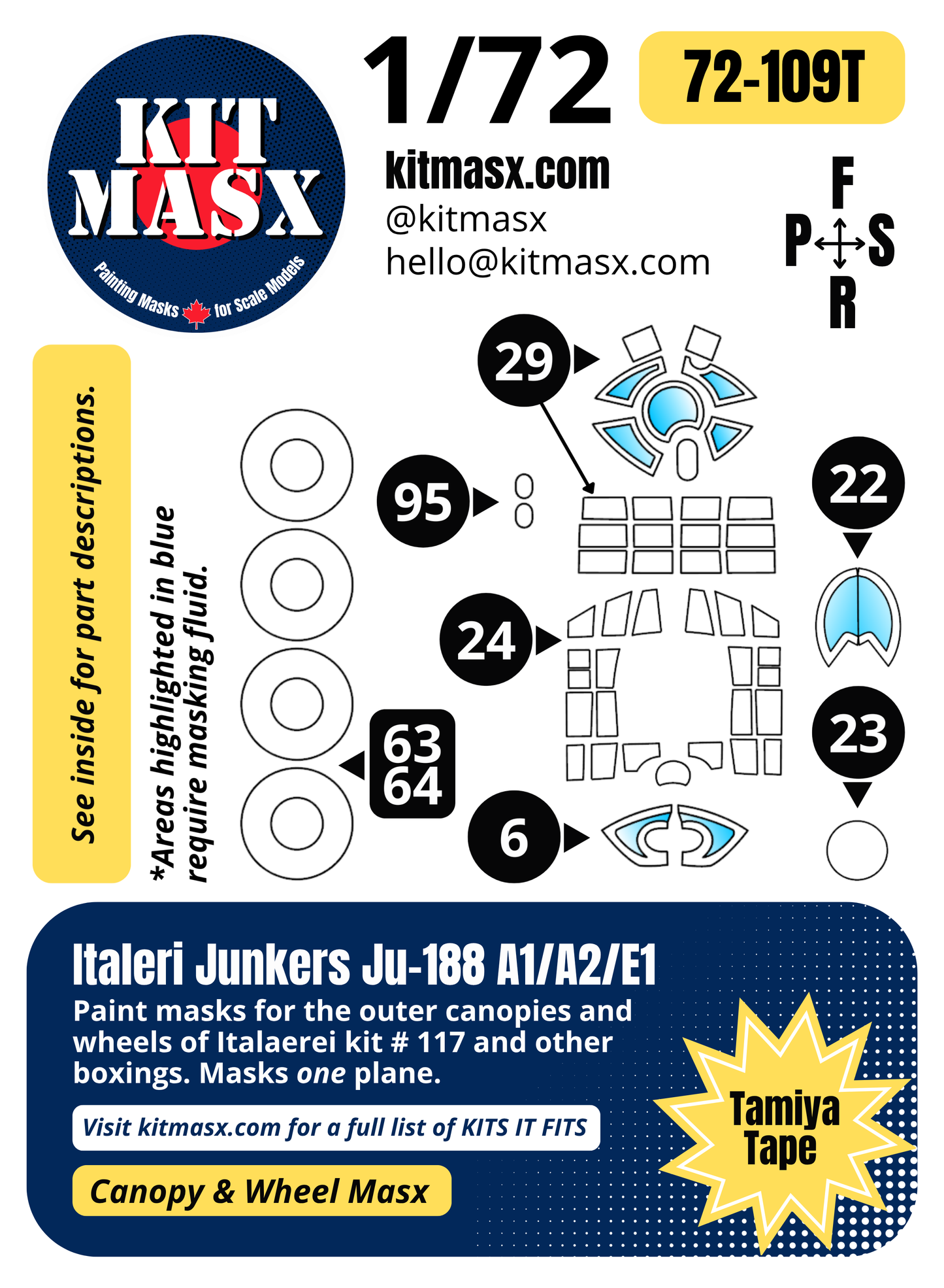 Italeri Junkers Ju-188 A1/A2/E1 1/72 Canopy & Wheel Paint Masks, Kit # 117