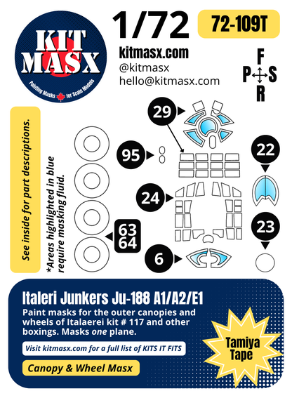Italeri Junkers Ju-188 A1/A2/E1 1/72 Canopy & Wheel Paint Masks, Kit # 117