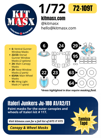 Italeri Junkers Ju-188 A1/A2/E1 1/72 Canopy & Wheel Paint Masks, Kit # 117