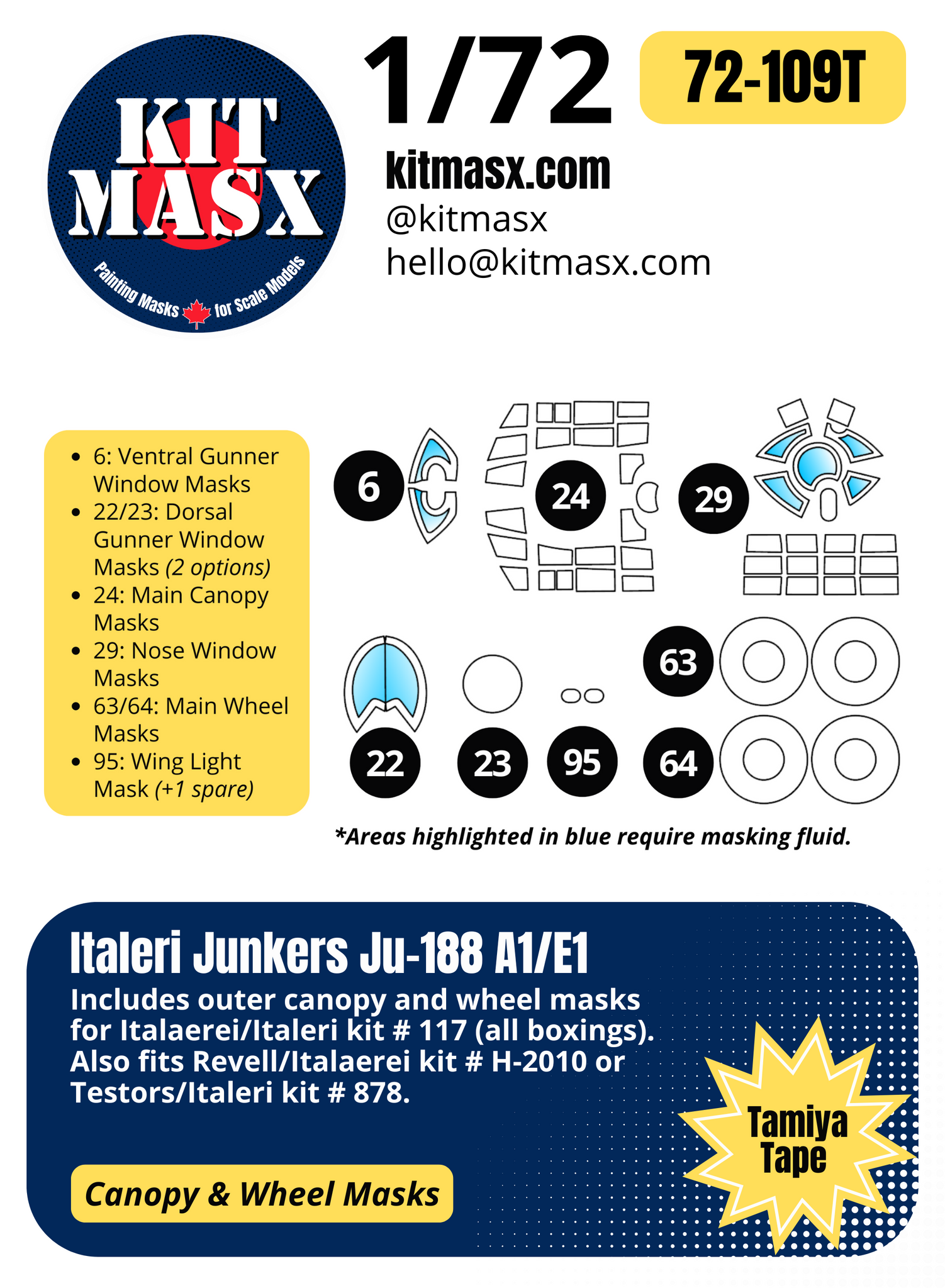 Italeri Junkers Ju-188 A1/E1 1/72 Canopy & Wheel Paint Masks, Kit # 117