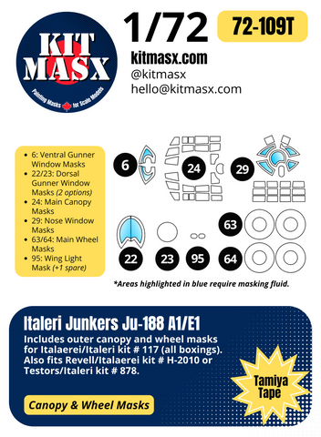 Italeri Junkers Ju-188 A1/E1 1/72 Canopy & Wheel Paint Masks, Kit # 117