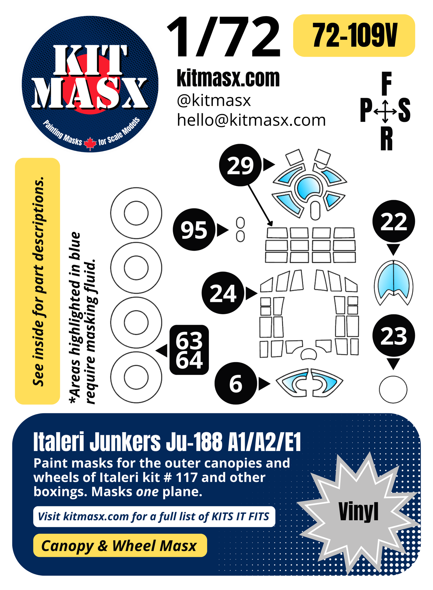 Italeri Junkers Ju-188 A1/A2/E1 1/72 Canopy & Wheel Paint Masks, Kit # 117