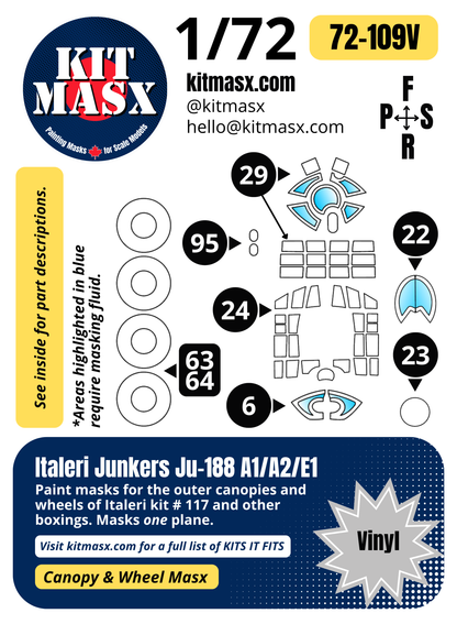 Italeri Junkers Ju-188 A1/A2/E1 1/72 Canopy & Wheel Paint Masks, Kit # 117
