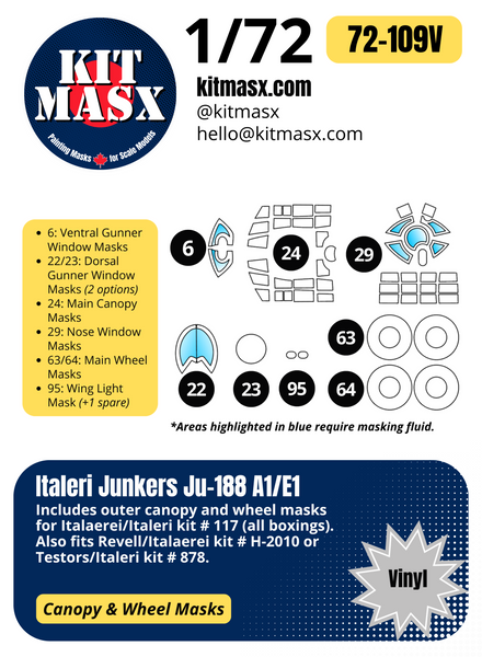 Italeri Junkers Ju-188 A1/E1 1/72 Canopy & Wheel Paint Masks, Kit # 117