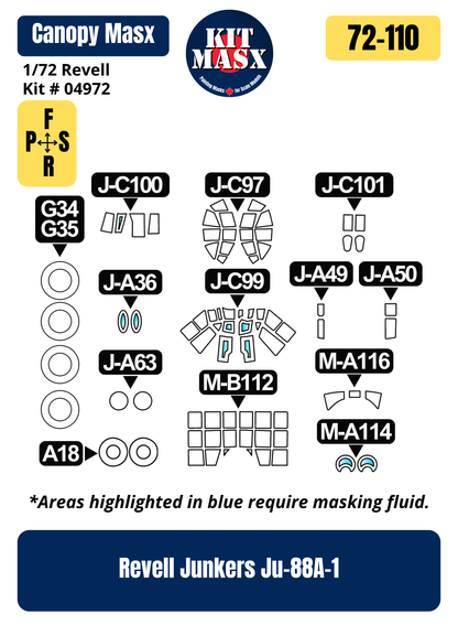 Revell Junkers Ju-88A-1 1/72 Canopy & Wheel Paint Masks, Kit # 04972