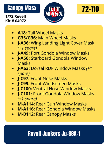 Revell Junkers Ju-88A-1 1/72 Canopy & Wheel Paint Masks, Kit # 04972