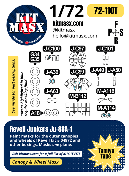 Revell Junkers Ju-88A-1 1/72 Canopy & Wheel Paint Masks, Kit # 04972