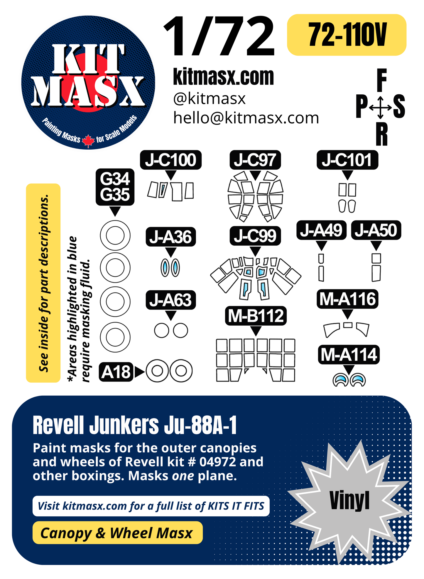 Revell Junkers Ju-88A-1 1/72 Canopy & Wheel Paint Masks, Kit # 04972