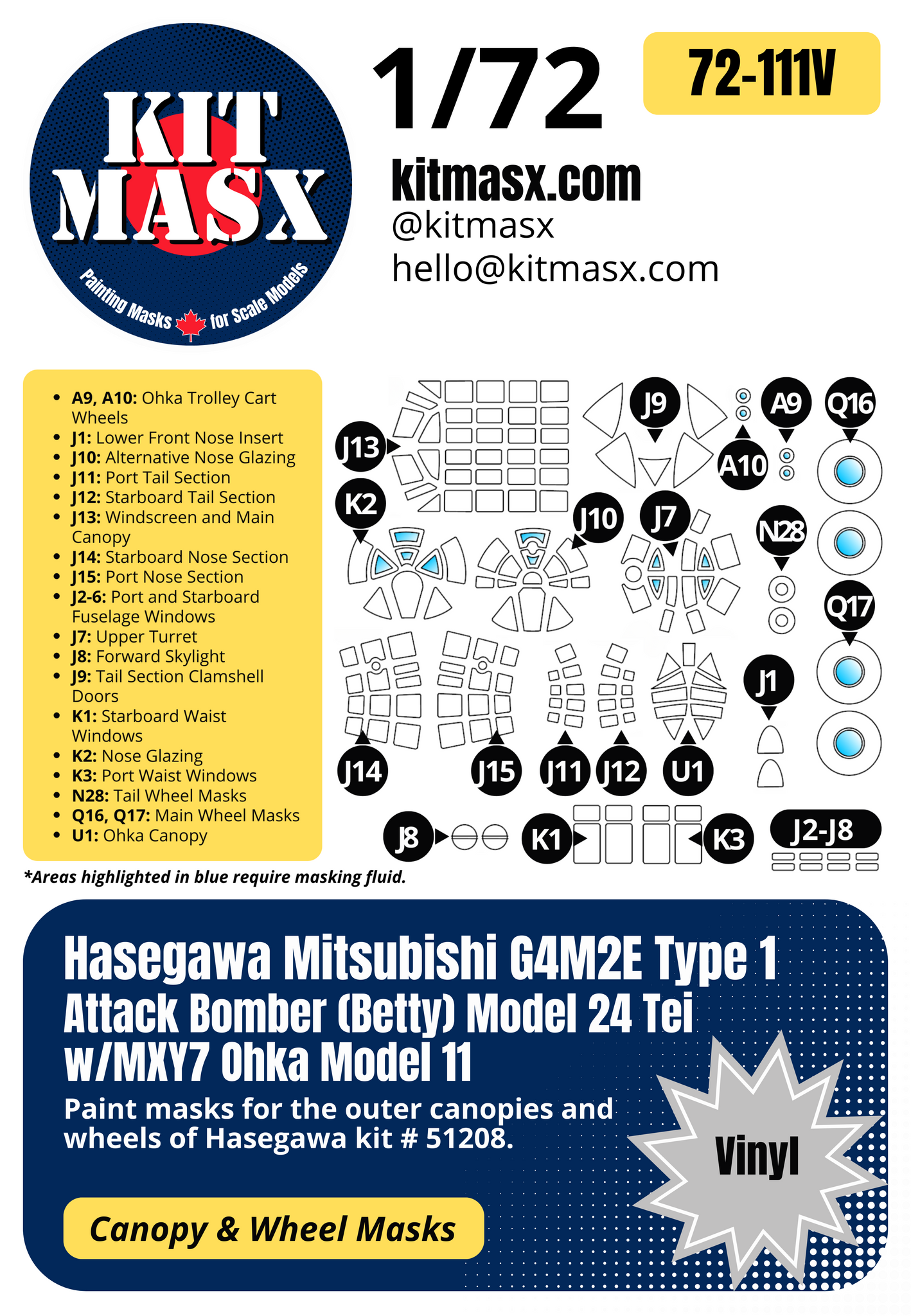 Hasegawa Mitsubishi G4M2E Type 1 Attack Bomber (Betty) Model 24 Tei w/MXY7 Ohka Model 11 1/72 Canopy & Wheel Paint Masks, Kit # 51208