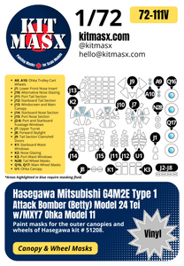 Hasegawa Mitsubishi G4M2E Type 1 Attack Bomber (Betty) Model 24 Tei w/MXY7 Ohka Model 11 1/72 Canopy & Wheel Paint Masks, Kit # 51208