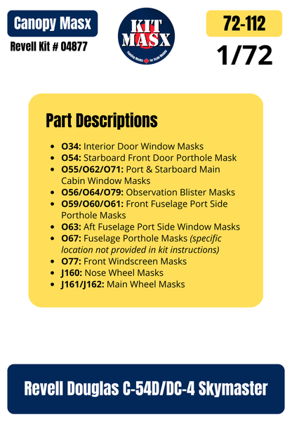 Revell Douglas C-54D/DC-4 Skymaster 1/72 Canopy & Wheel Paint Masks, Kit # 04877 (72112)