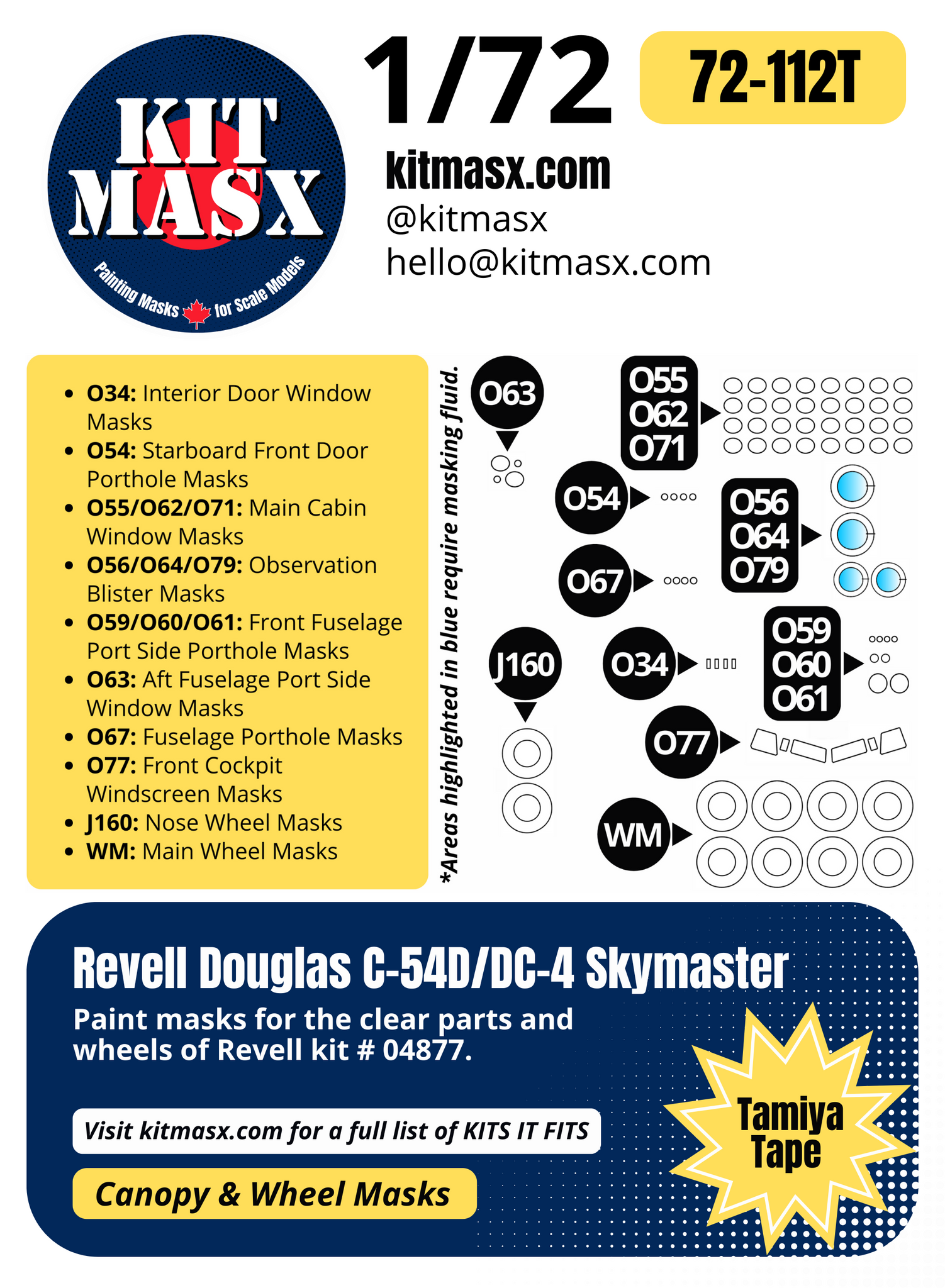 Revell Douglas C-54D/DC-4 Skymaster 1/72 Canopy & Wheel Paint Masks, Kit # 04877