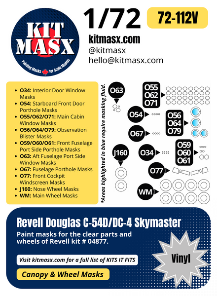 Revell Douglas C-54D/DC-4 Skymaster 1/72 Canopy & Wheel Paint Masks, Kit # 04877