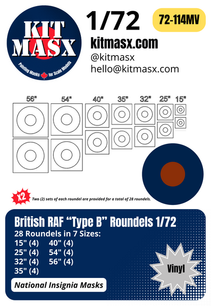 British RAF Roundels Type A/B/D 1/48 & 1/72 National Insignia Paint Masks