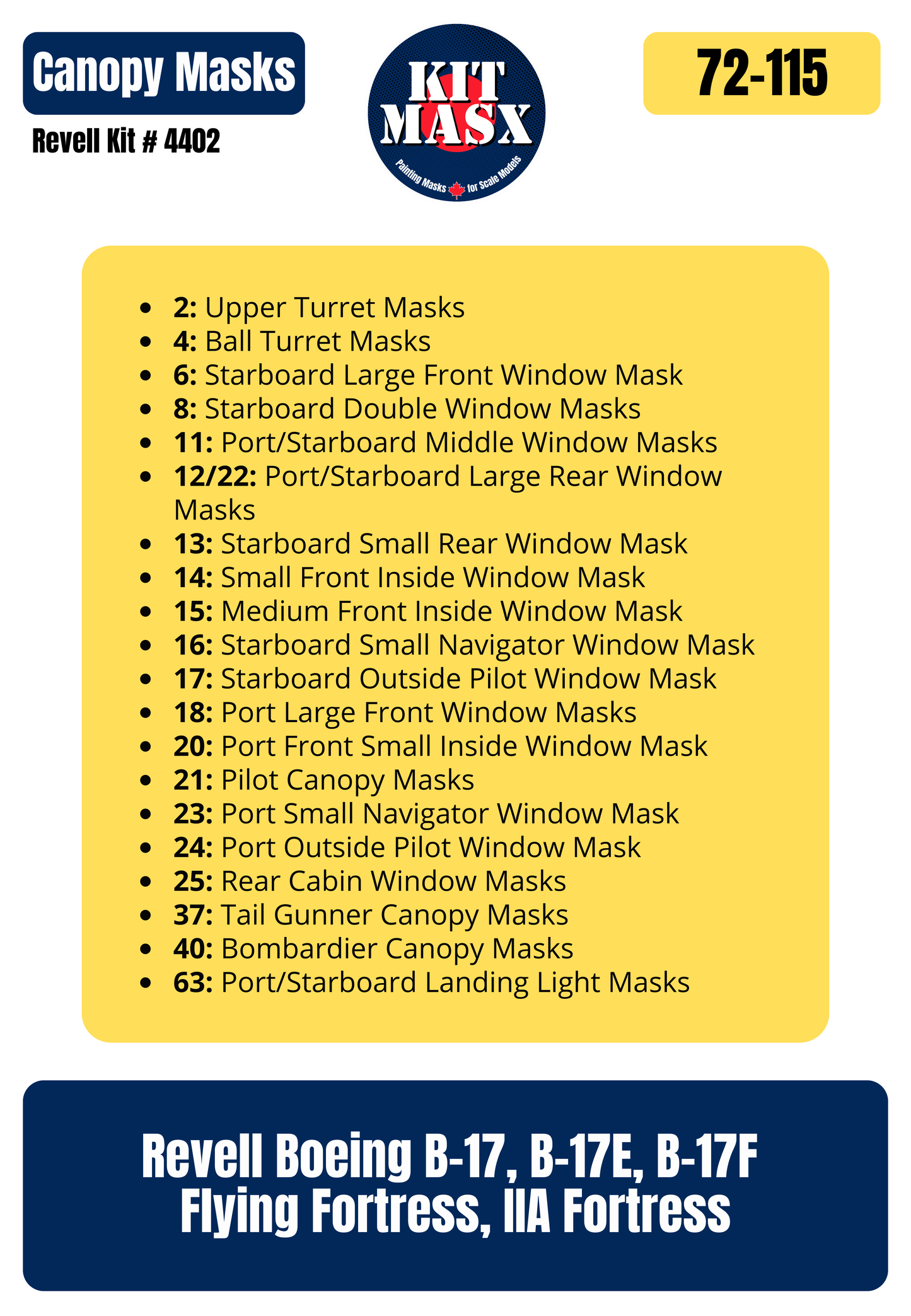 Revell Boeing B-17, B-17E, B-17F Flying Fortress, IIA Fortress 1/72 Canopy Paint Masks, Kit # 4402