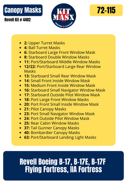 Revell Boeing B-17, B-17E, B-17F Flying Fortress, IIA Fortress 1/72 Canopy Paint Masks, Kit # 4402