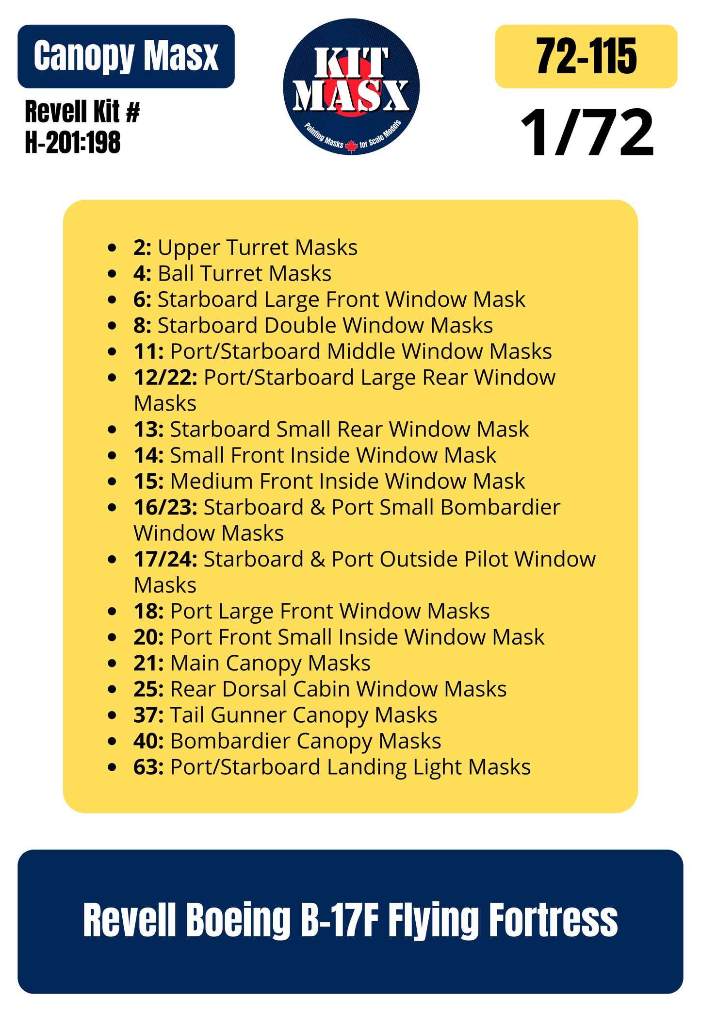 Revell Boeing B-17F Flying Fortress 1/72 Canopy Paint Masks, Kit # H-201:198 (72115)