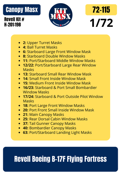 Revell Boeing B-17F Flying Fortress 1/72 Canopy Paint Masks, Kit # H-201:198 (72115)