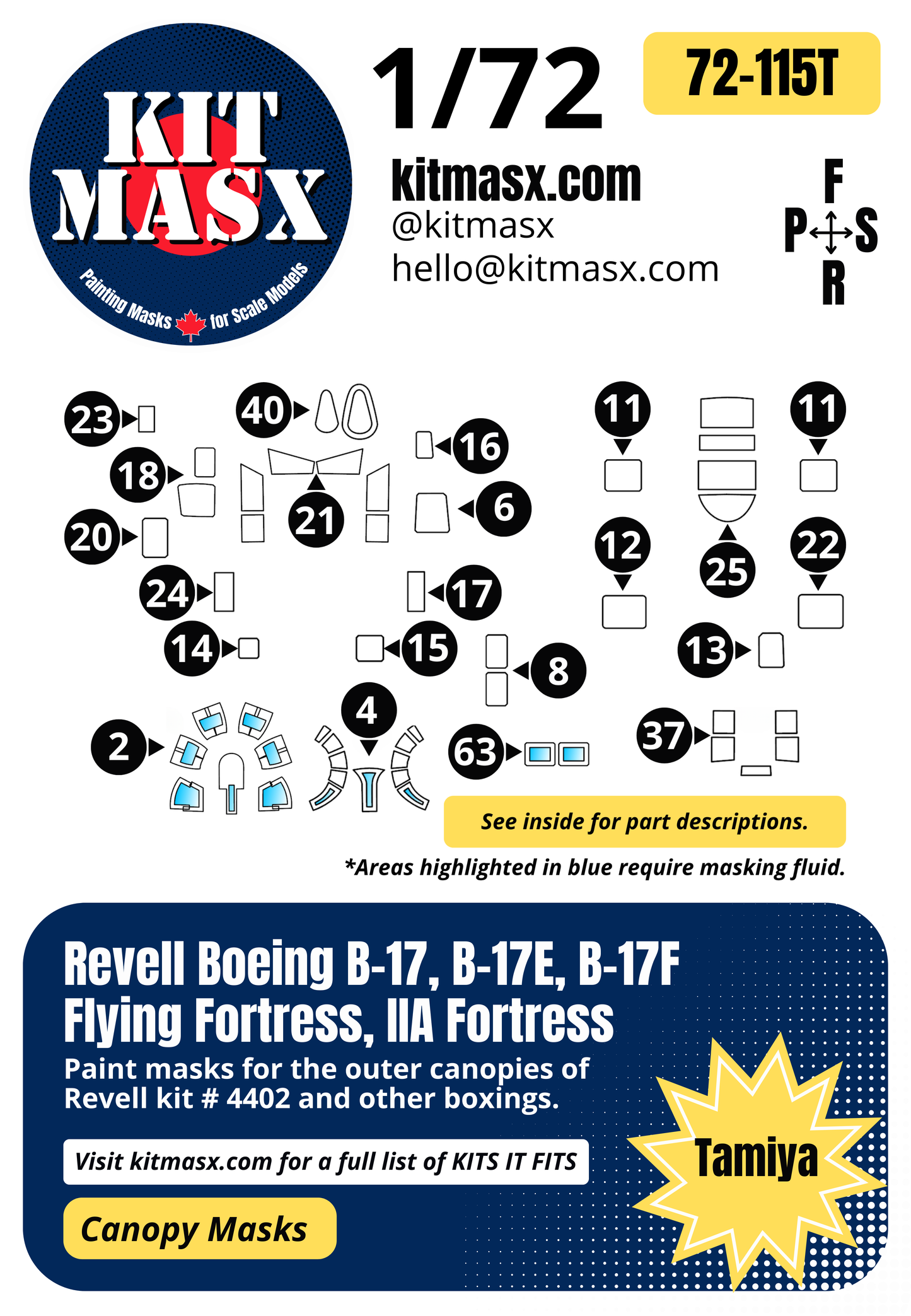 Revell Boeing B-17, B-17E, B-17F Flying Fortress, IIA Fortress 1/72 Canopy Paint Masks, Kit # 4402